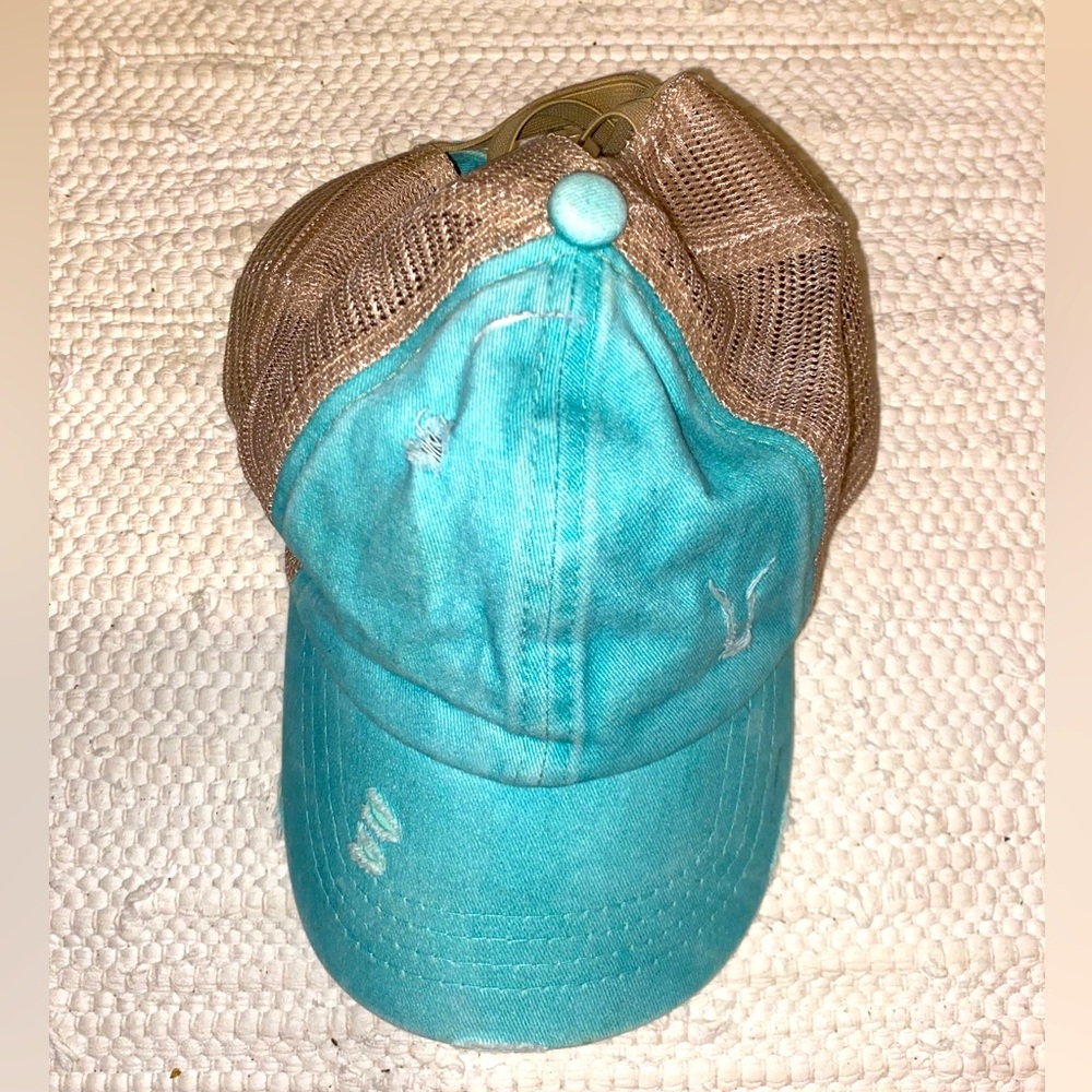 Kids’ Teal Distressed Ponytail Hat